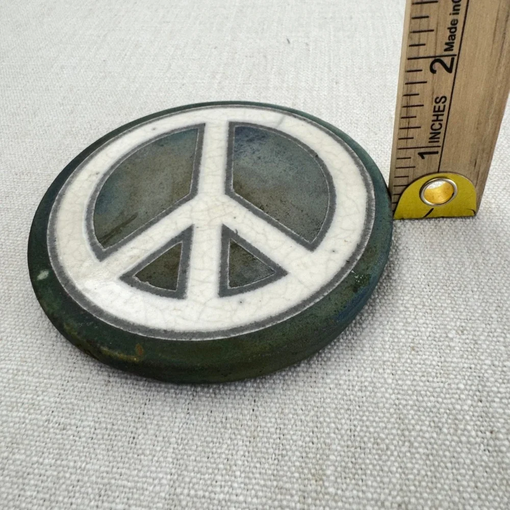 Jeremy Diller Raku Pottery Peace Sign Coaster Trivet Signed Handmade 4